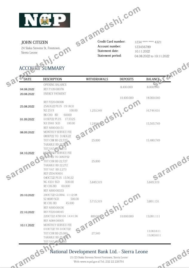 Sierra Leone National Development Bank statement